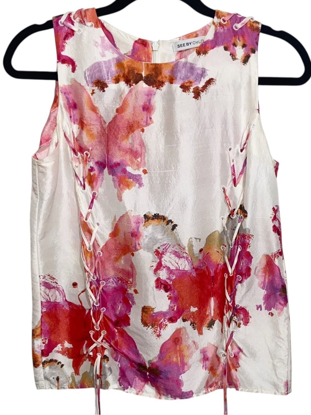 See by Chloe Top Size 2 Butterfly 100% Silk Watercolor Pink Fairy Feminine Artsy